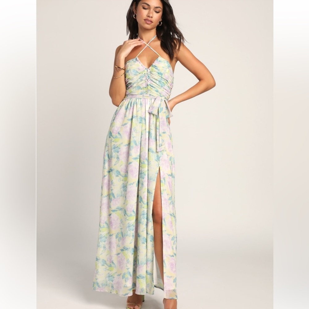 Lulu's Effortlessly Abloom Green Multi Floral Ruched Halter Maxi Dress